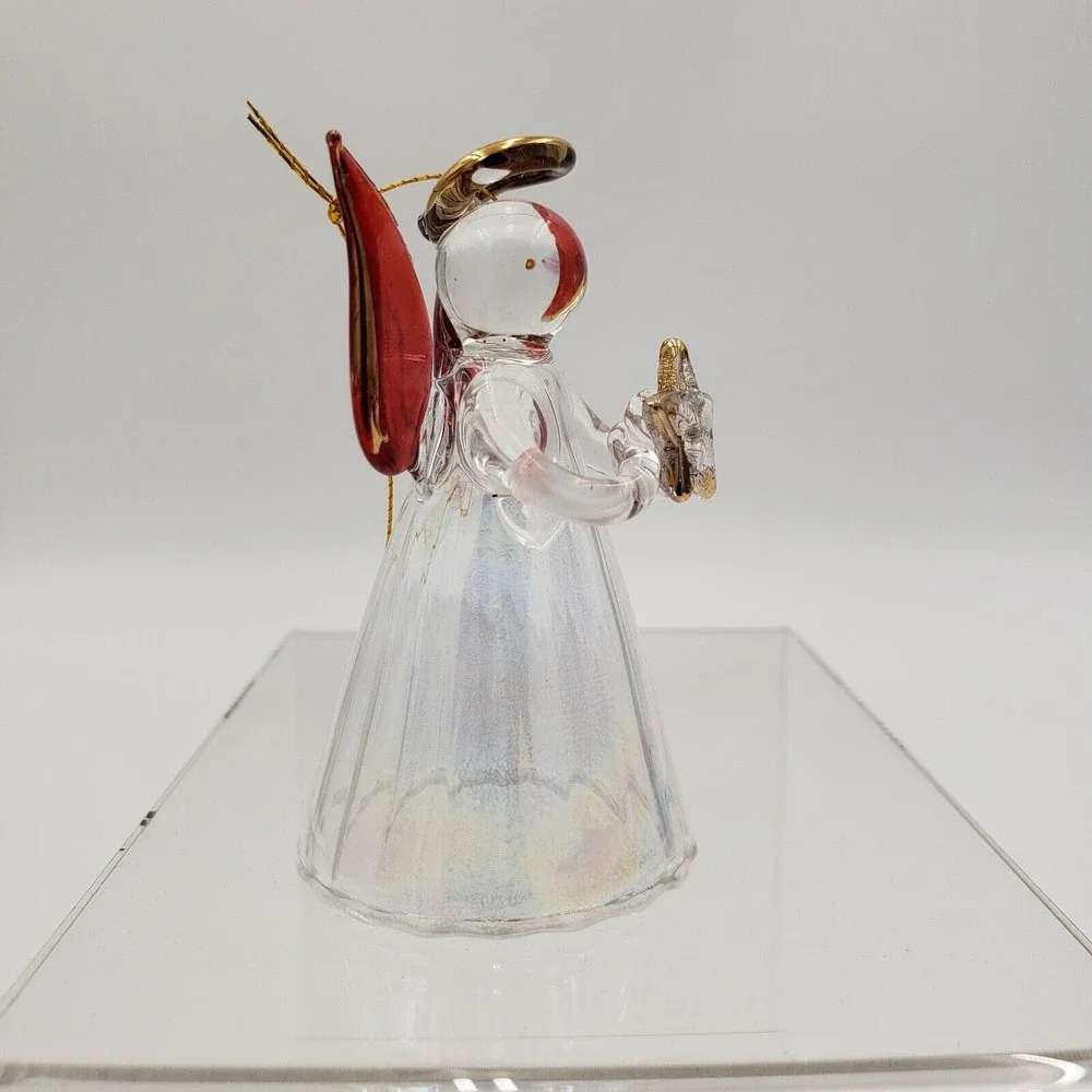 Vintage Glass Angel Ornament Clear Iridescent Body Red & Gold Wings‎ 2.5